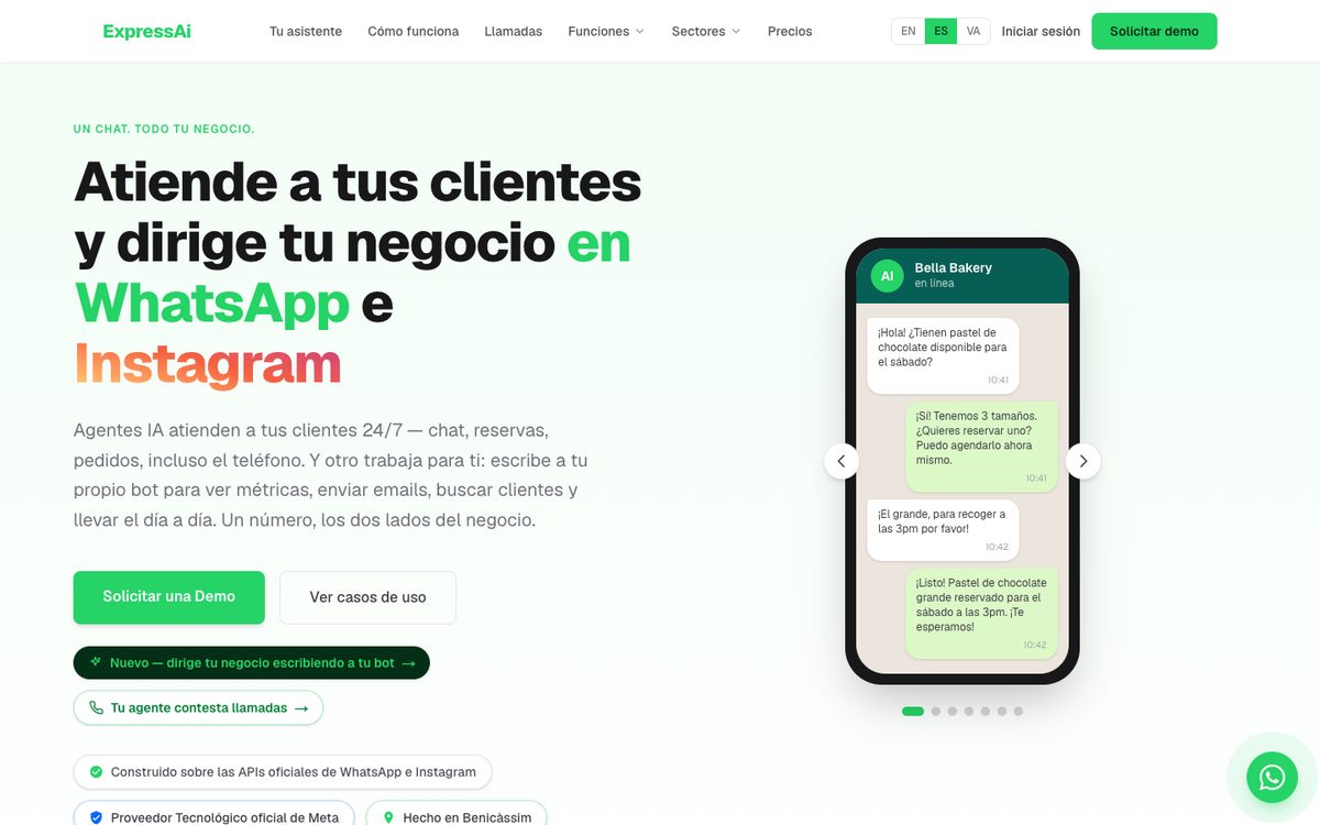 Web de ExpressAi: un agente de IA atendiendo a un cliente de una pastelería por WhatsApp
