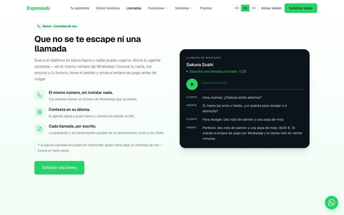 Web de ExpressAi: el agente atendiendo una llamada de WhatsApp, con la transcripción