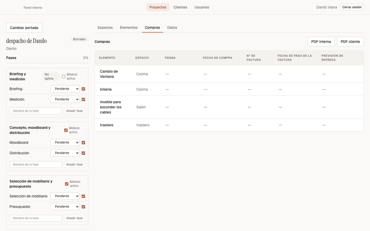 Gestión: compras por elemento con tienda, factura y fechas de entrega