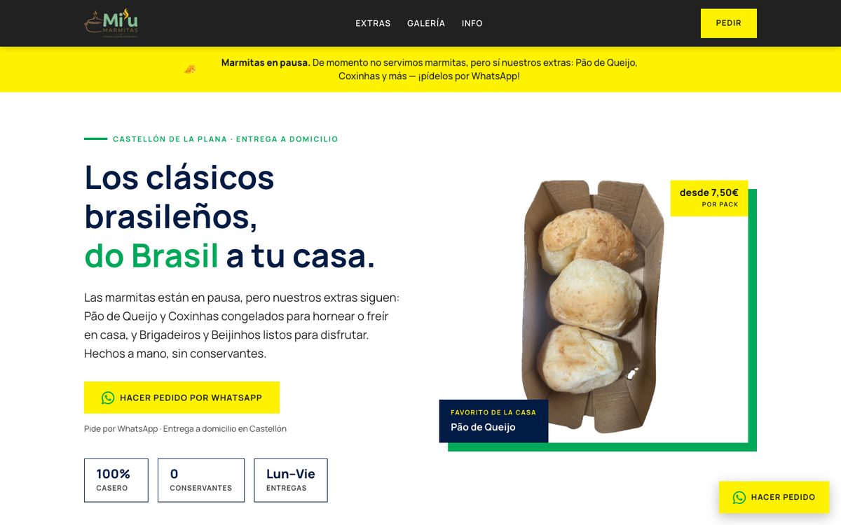 Portada de miumarmitas.com con el botón de pedido por WhatsApp