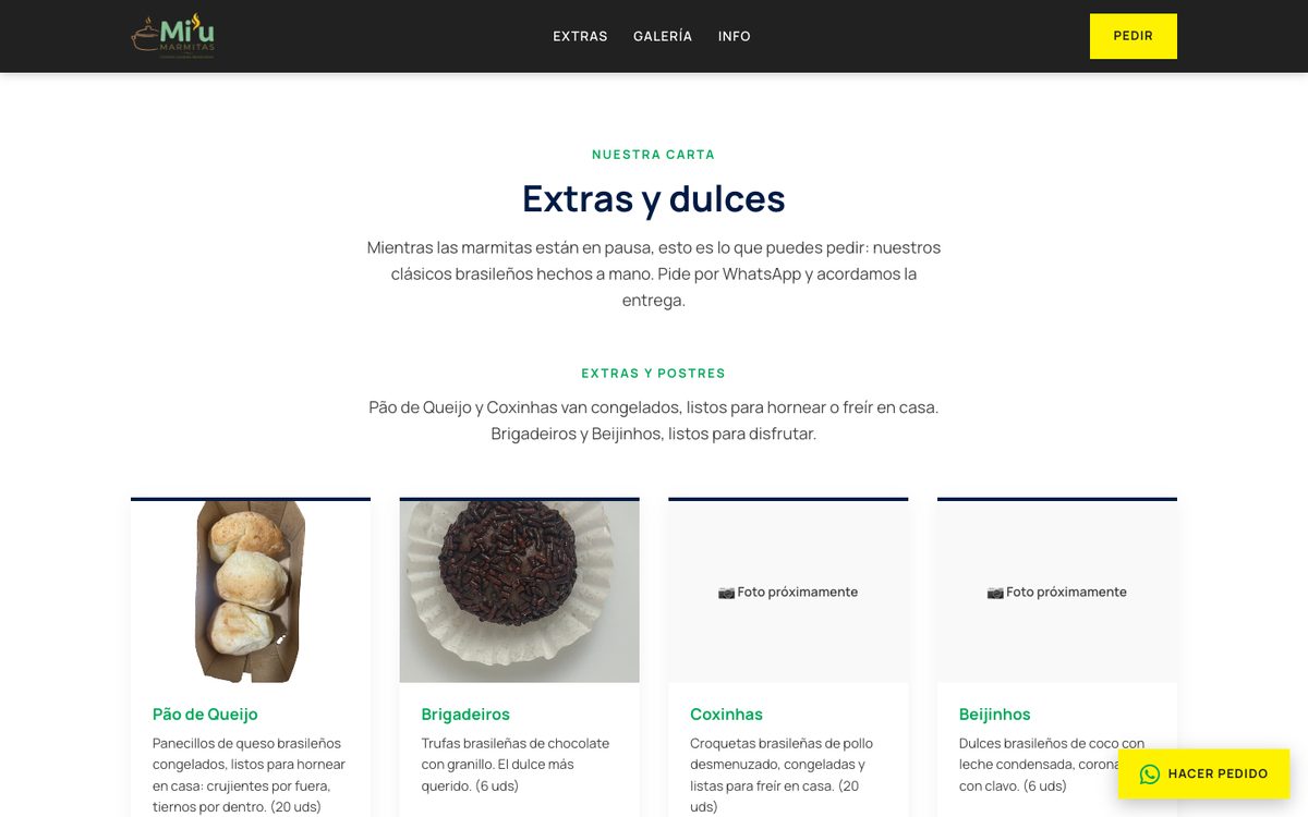 Carta de extras y dulces de miumarmitas.com con precios